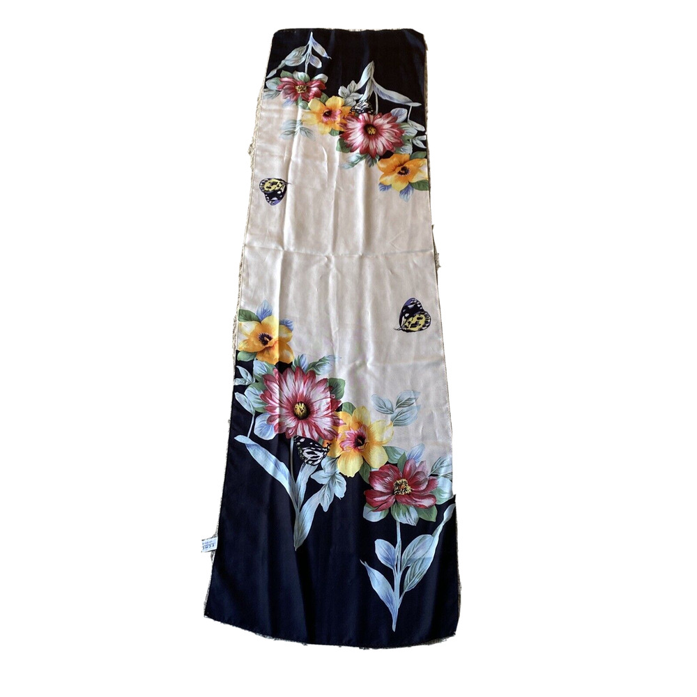 Vintage 1980s ECHO pure silk scarf creamy white colorful floral long rectangle - Picture 7 of 7